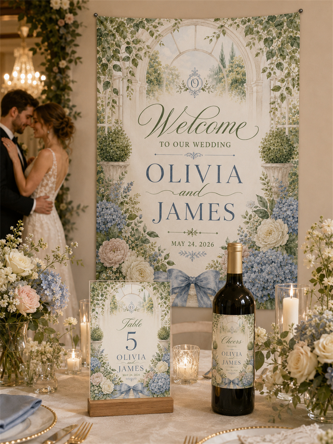 Gray-blue and romantic wedding decorations - garden arch design - custom names and dates
